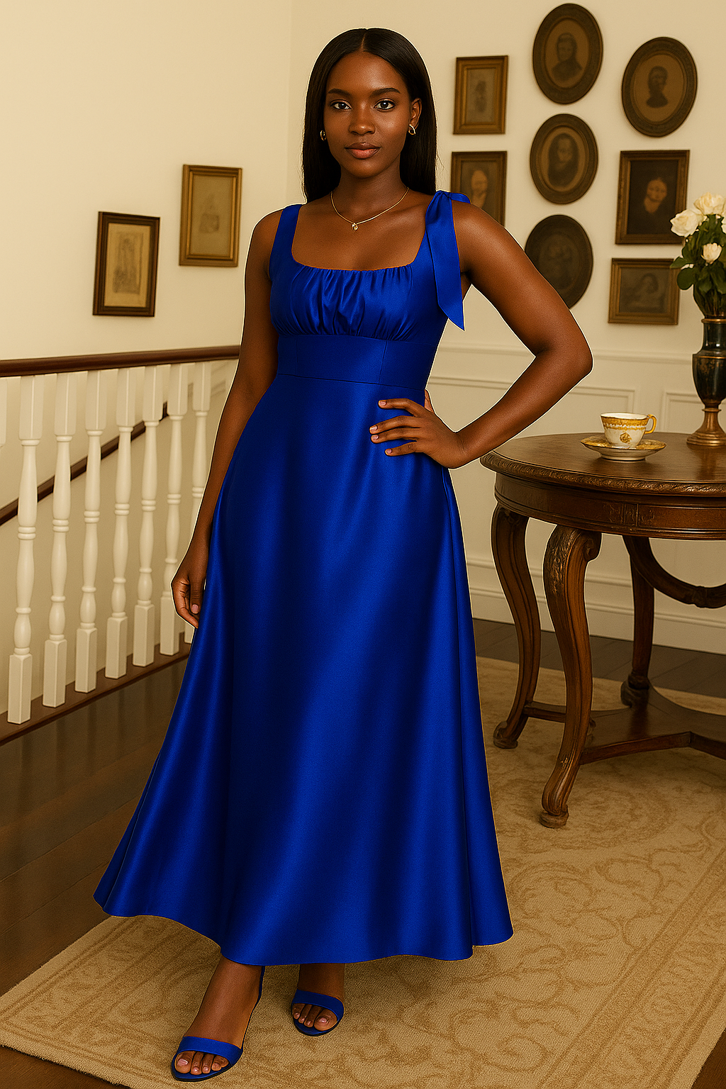 Woman in a blue dress standing in an elegant interior setting with framed pictures on the wall.