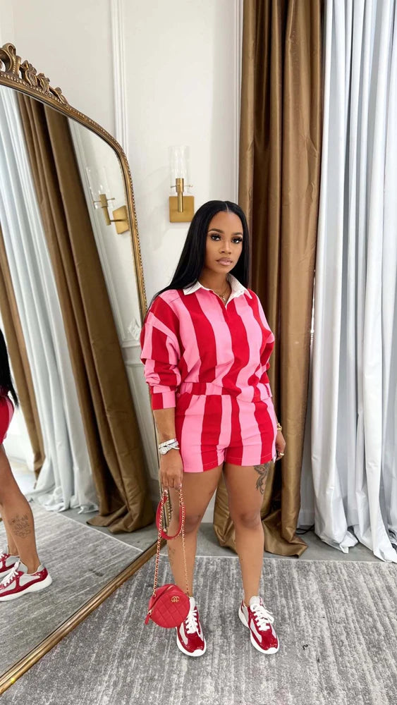 Camille Stripes Polo Short Set – Red & Pink