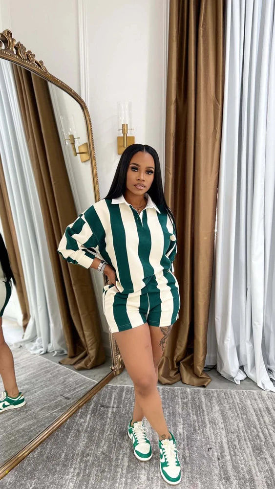 Camille Stripes Polo Short Set – Green & Cream