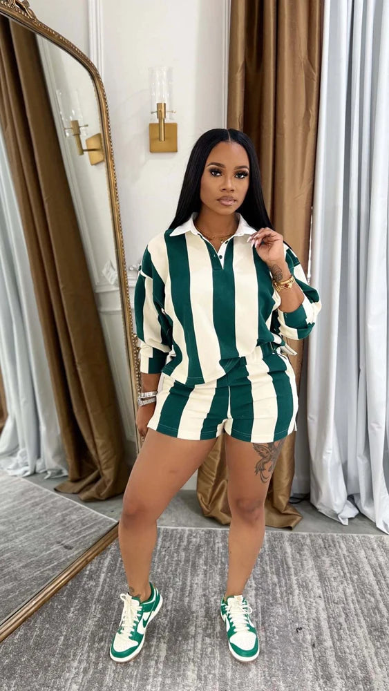 Camille Stripes Polo Short Set – Green & Cream