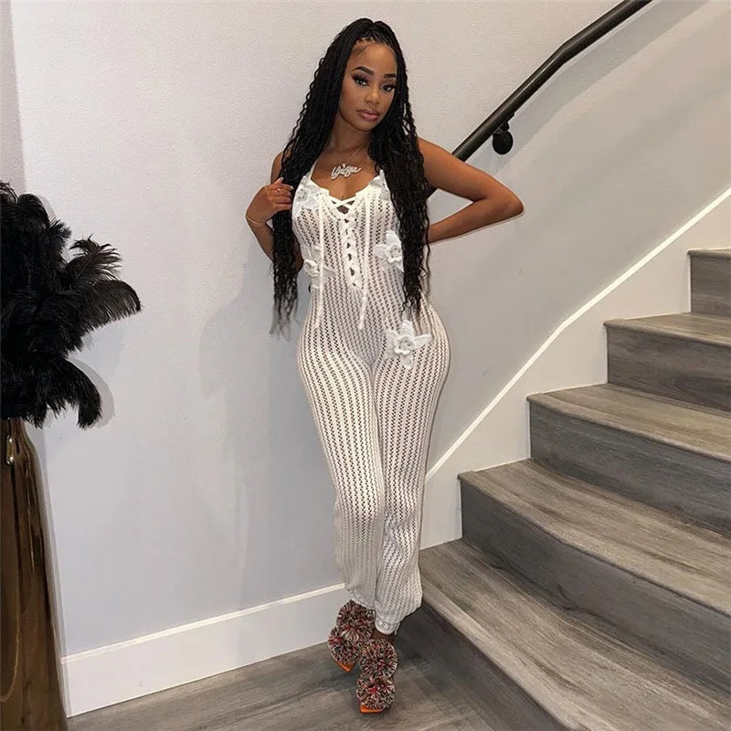 Flora Lace-Up Crochet Jumpsuit