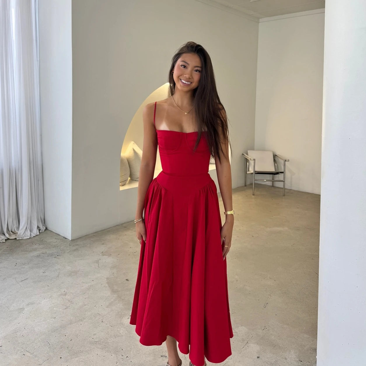 Camille Corset Midi Dress - Red