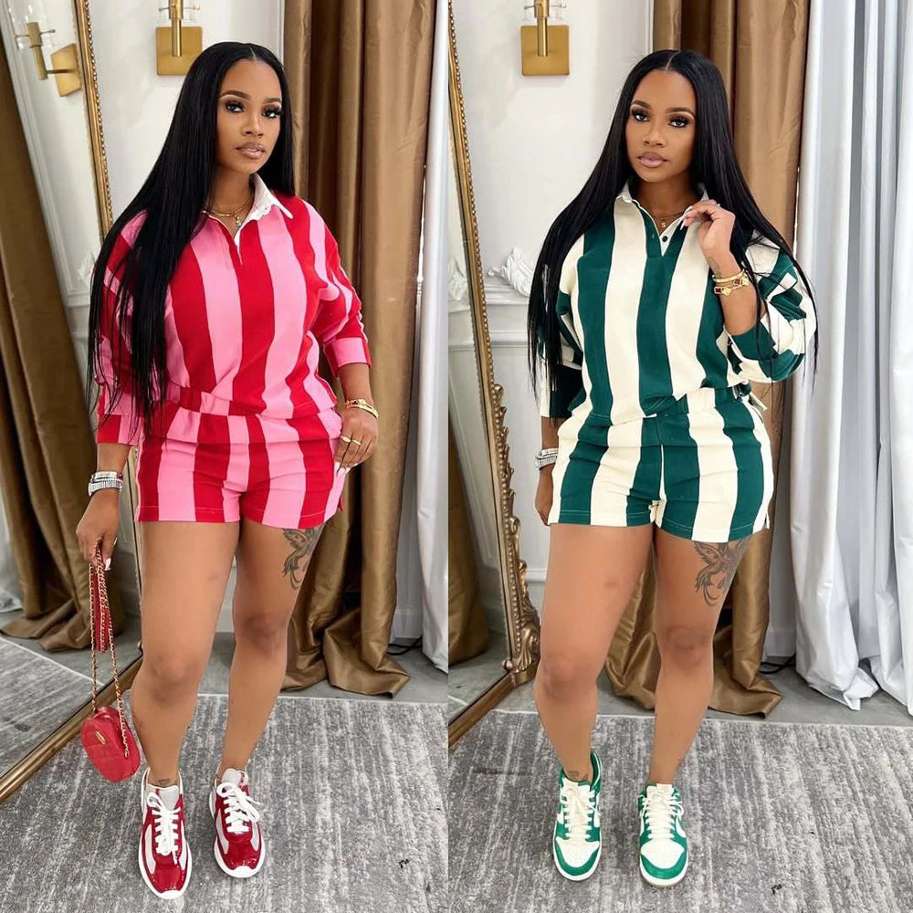 Camille Stripes Polo Short Set – Green & Cream