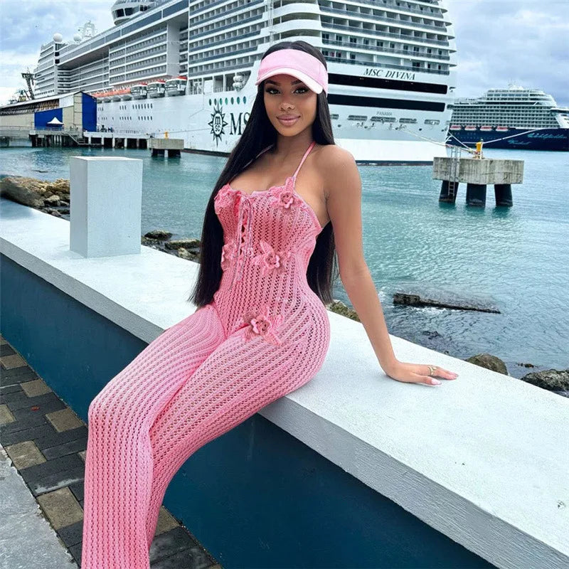 Flora Lace-Up Crochet Jumpsuit