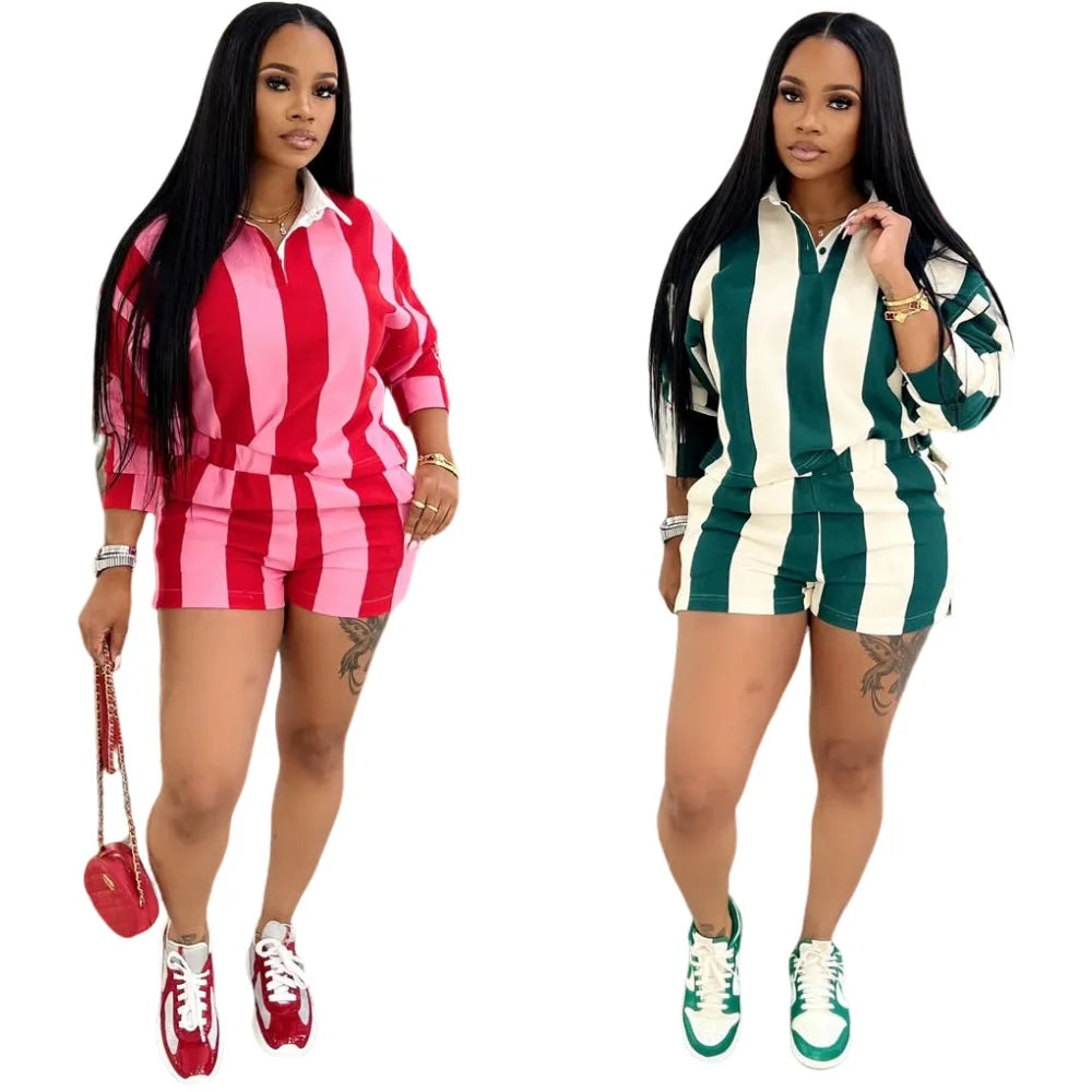 Camille Stripes Polo Short Set – Green & Cream