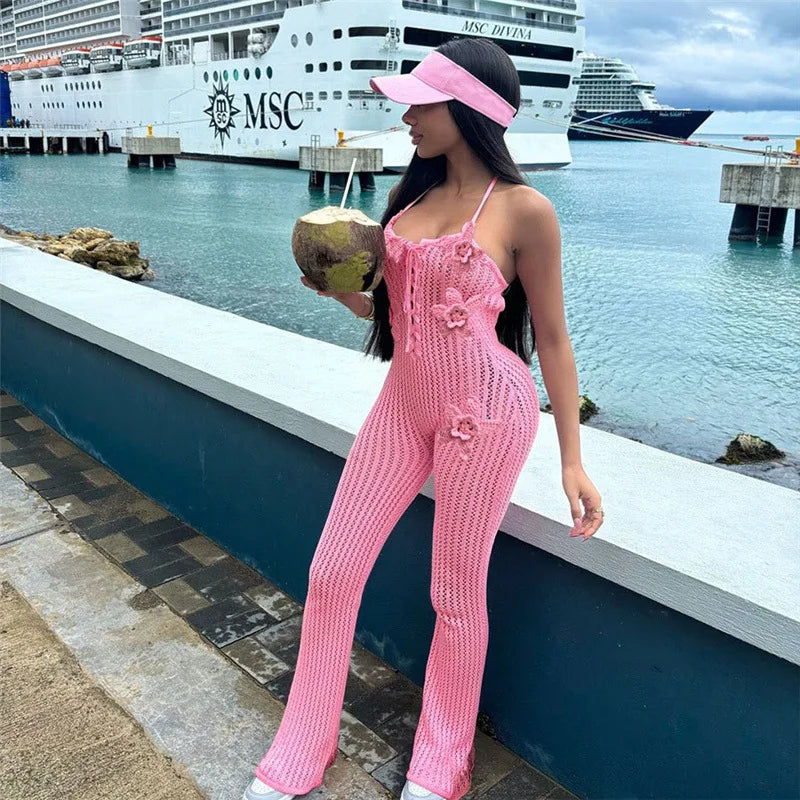 Flora Lace-Up Crochet Jumpsuit