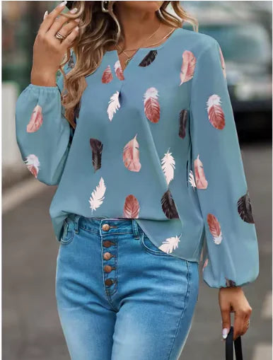 Feather Pattern V-Neck Blouse