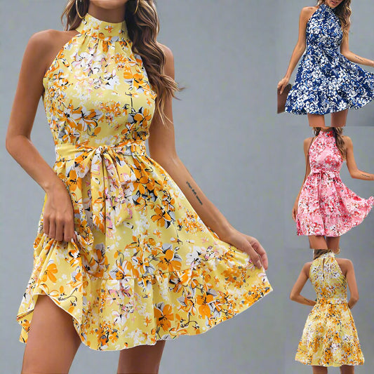 New Flowers Print Halterneck Dress Summer Fashion Temperament Lace-Up Ruffled Dresses for Women