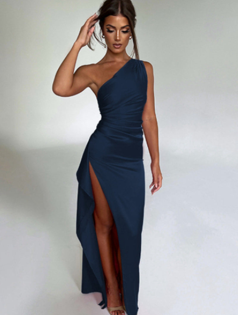 Sexy One-Shoulder Backless Slit Elegant Slim-Fit Solid Color Satin Dresses for Women