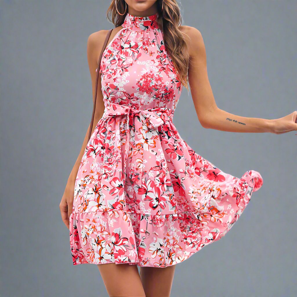 New Flowers Print Halterneck Dress Summer Fashion Temperament Lace-Up Ruffled Dresses for Women