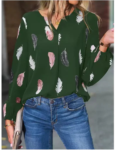 Feather Pattern V-Neck Blouse