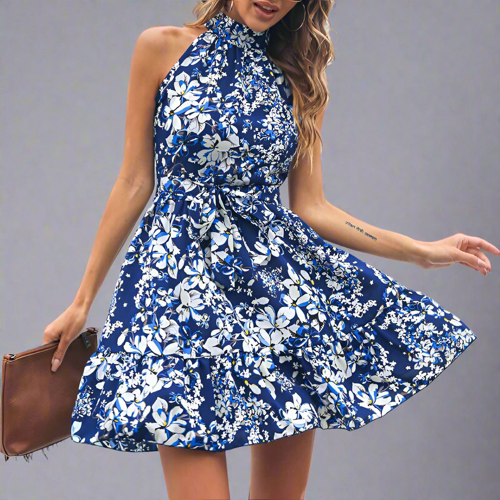 New Flowers Print Halterneck Dress Summer Fashion Temperament Lace-Up Ruffled Dresses for Women