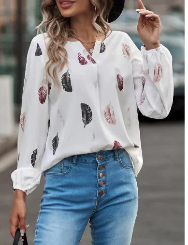 Feather Pattern V-Neck Blouse