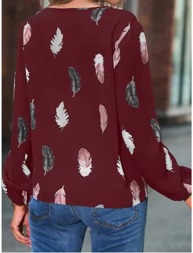 Feather Pattern V-Neck Blouse