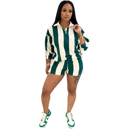 Camille Stripes Polo Short Set – Green & Cream