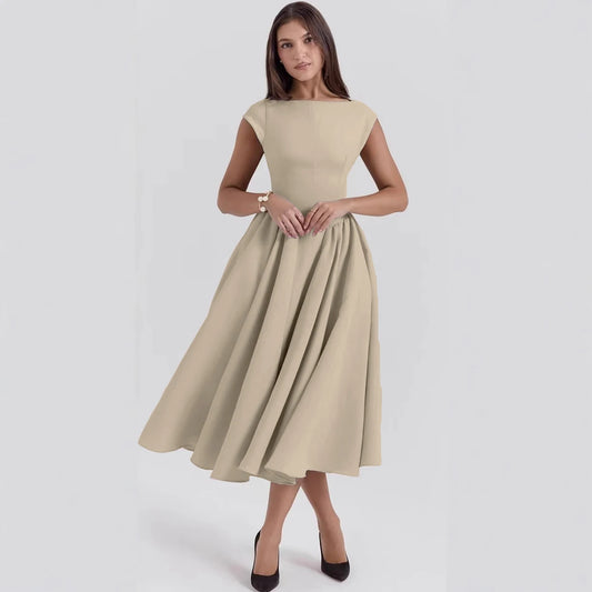 Vienna Midi Dress - Khaki & Cream