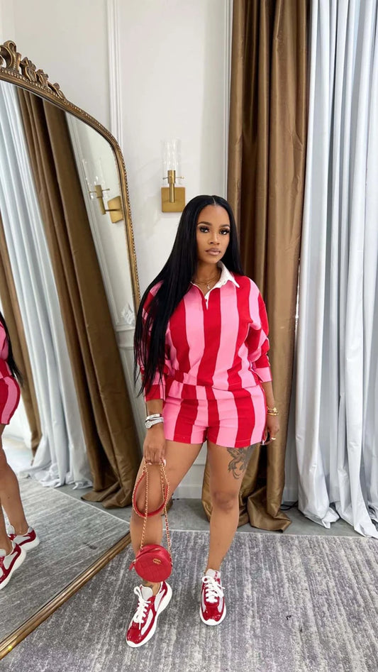 Camille Stripes Polo Short Set – Red & Pink