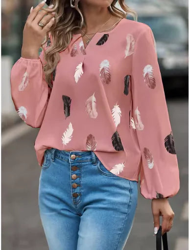 Feather Pattern V-Neck Blouse